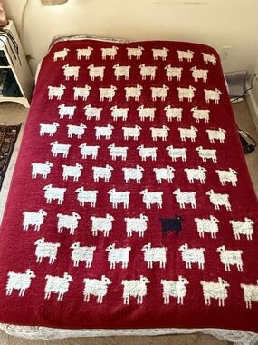 Vintage Biederlack Maroon, Black, Gray Sheep Pattern blanket 75” x 58”🐑